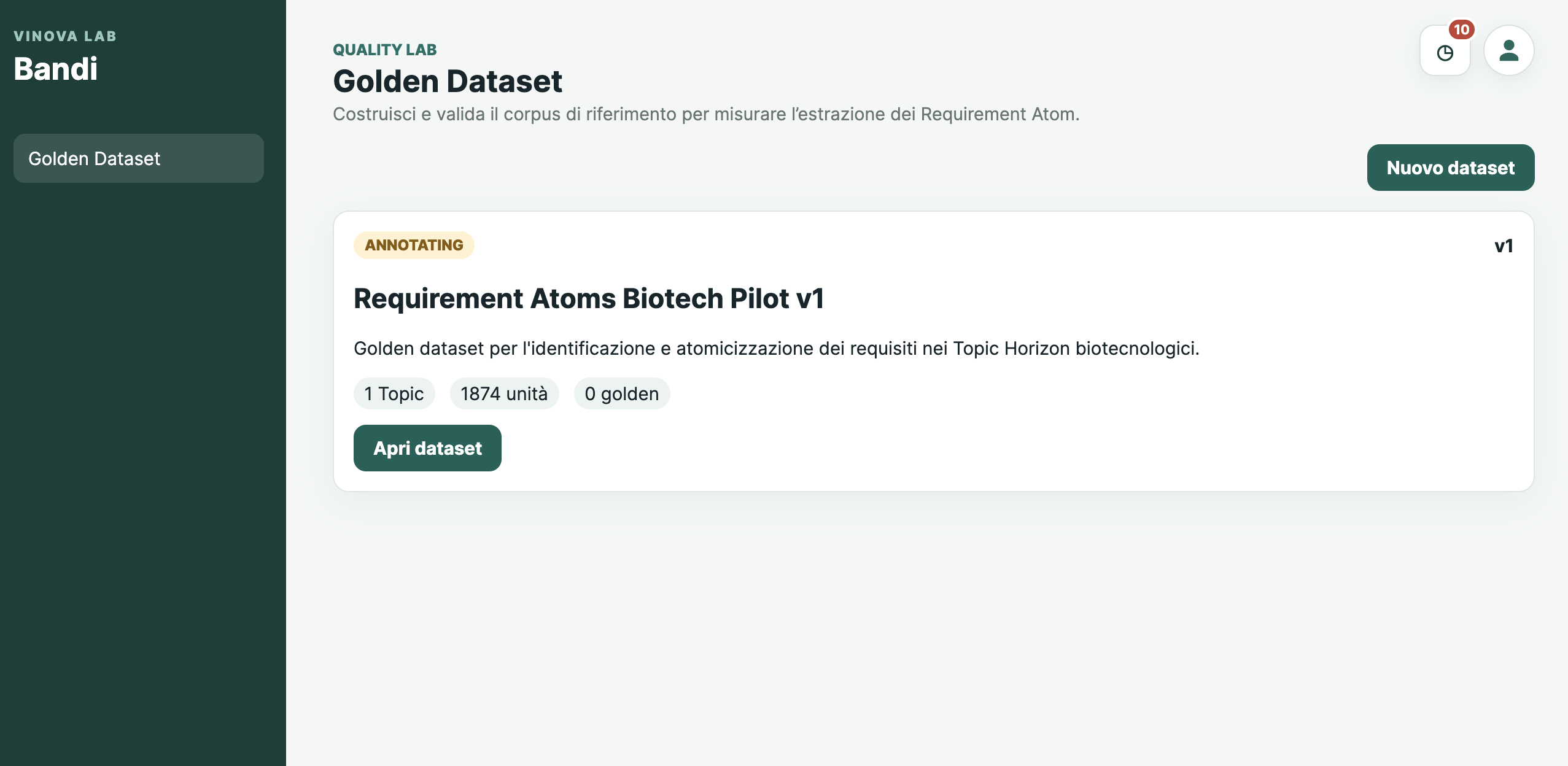 Schermata con l'elenco dei dataset e il pulsante Apri