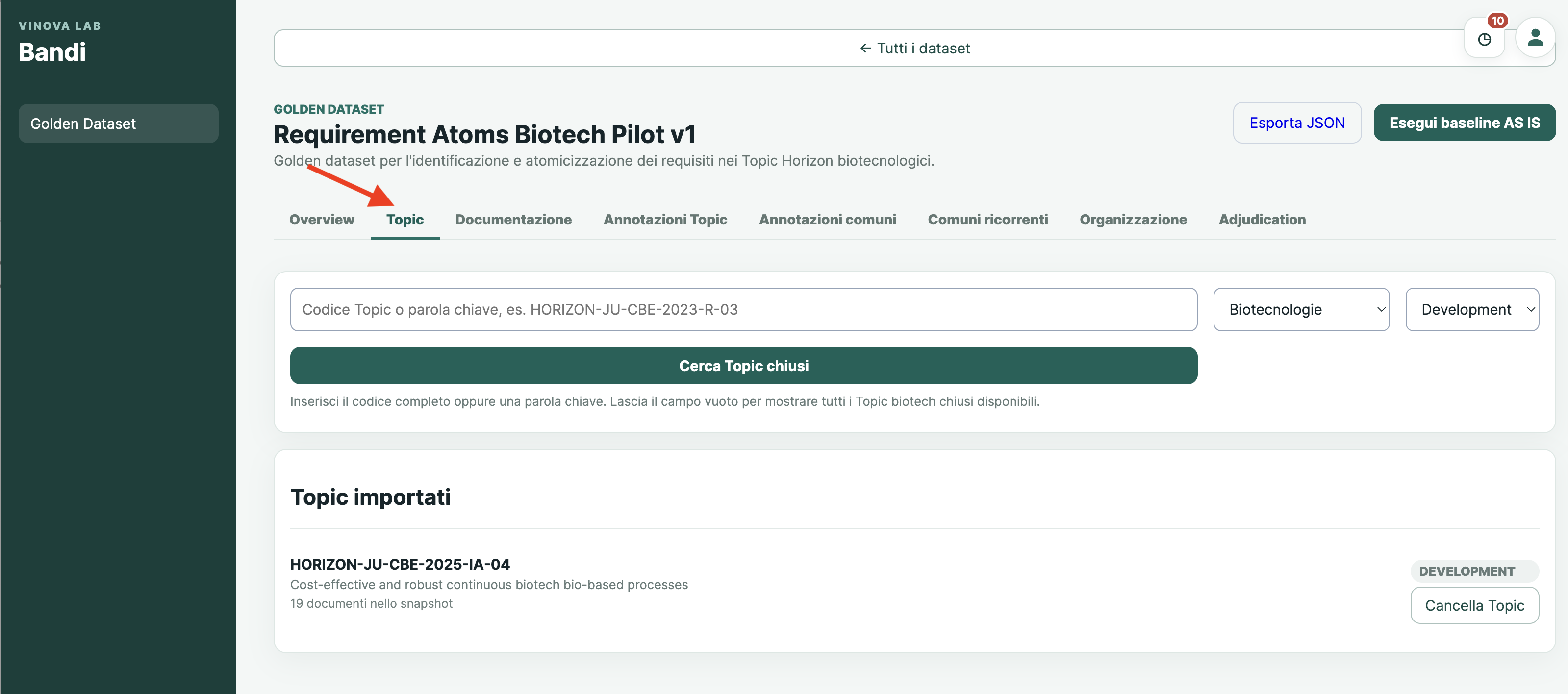 Tab Topic con ricerca e lista dei topic importati