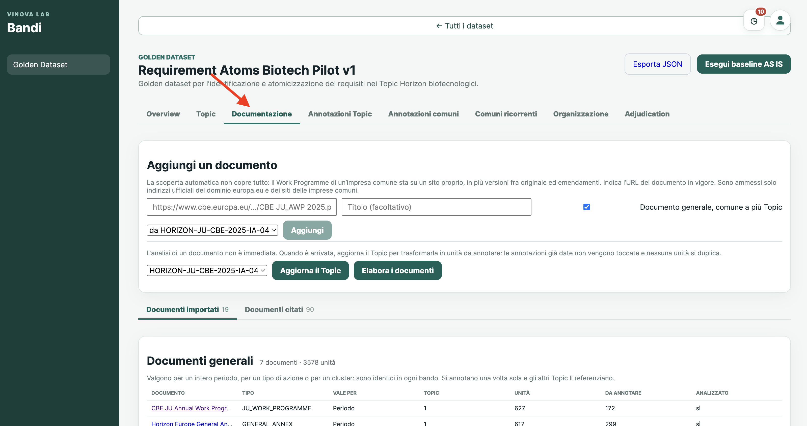 Tab Documentazione con pannello di aggiunta e lista documenti