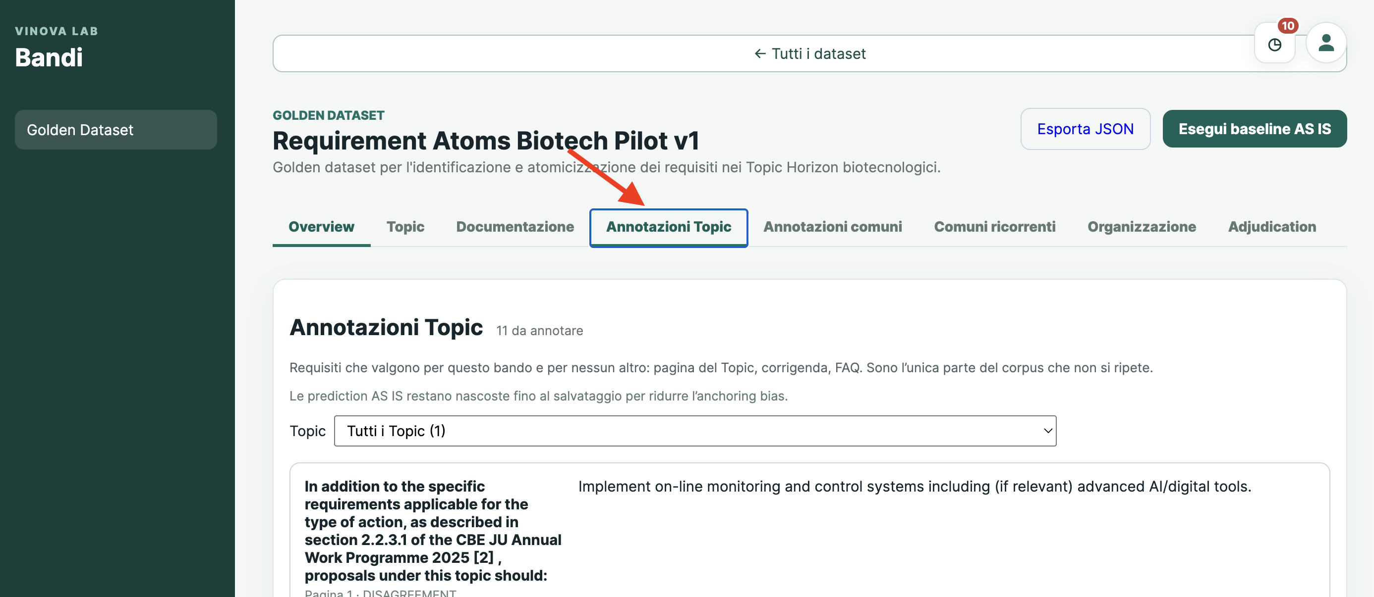 Lista delle unità da annotare con filtro per topic