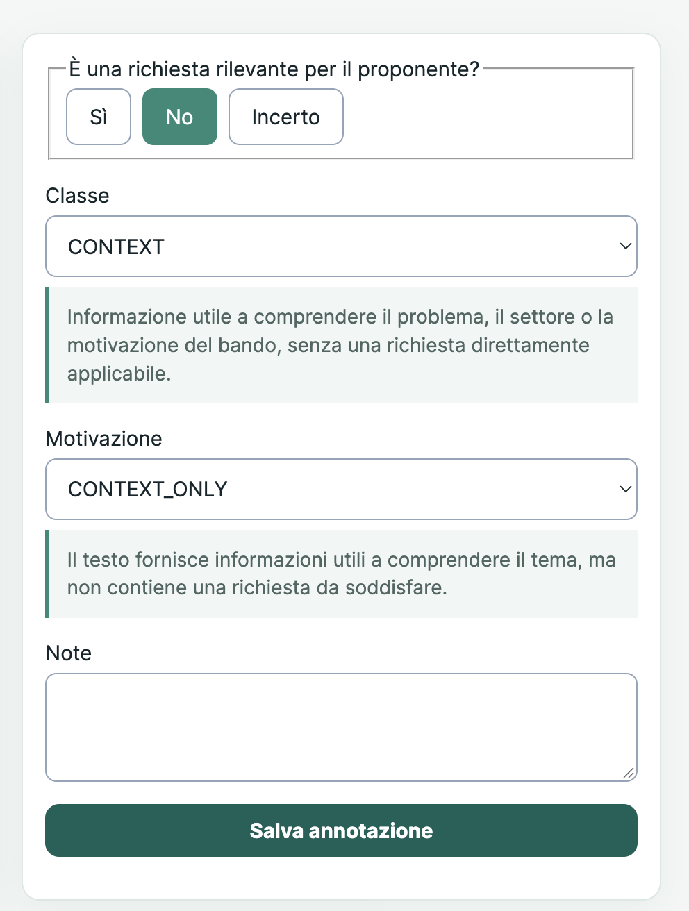 Pannello di annotazione con risposta No